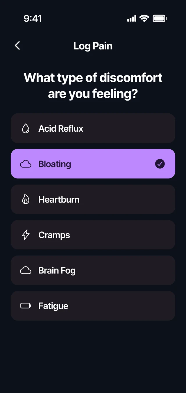 Logging bloating in TrackSense, from a list of built-in symptoms